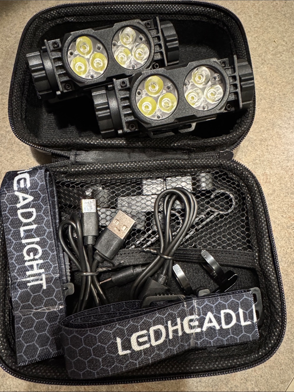 Black LED Headlight Kit with USB Rechargeable Lights, NEW! Carrying case!